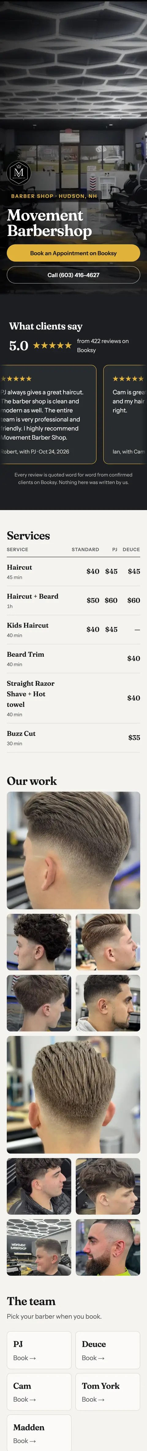 Movement Barbershop's website on a phone, scrolling through their shop photo, booking button, 5.0-star reviews, prices and haircut photos